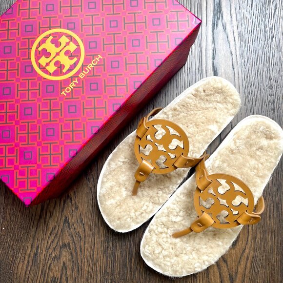 Tory Burch MILLER CLOUD Cork Shearling Sandals Flats - Picture 4 of 8